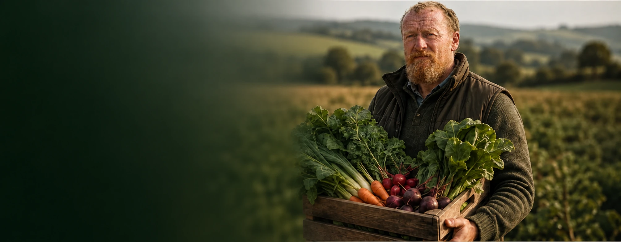 Illustrative portrait of Jamie holding a crate of seasonal vegetables in a rural landscape.