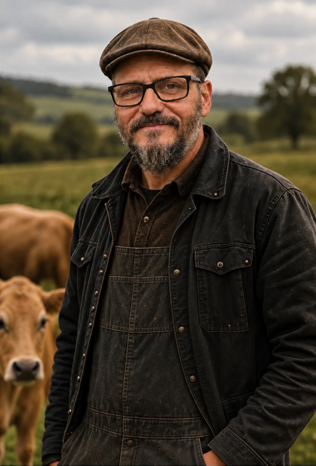 Illustrative portrait of Jason wearing a flat cap beside cattle in a rural landscape.