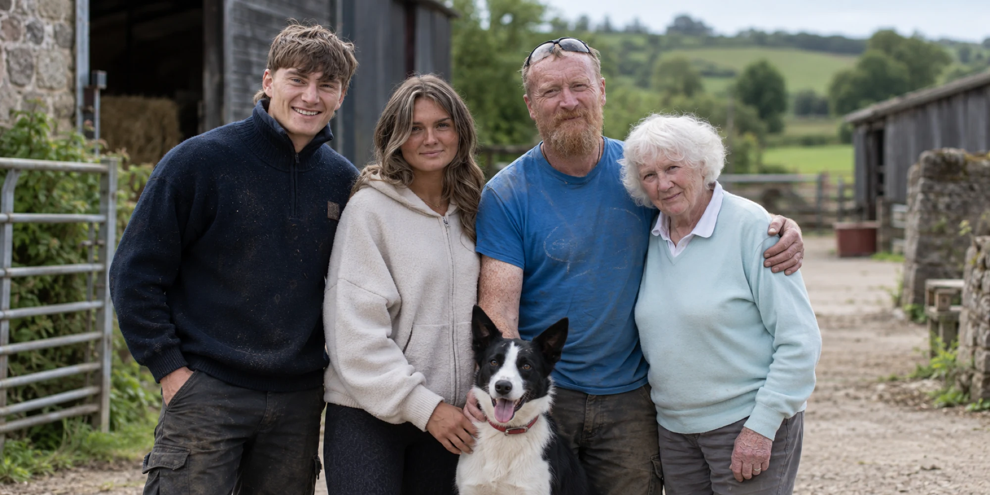Four members of a British farming family with their sheepdog in the farmyard.