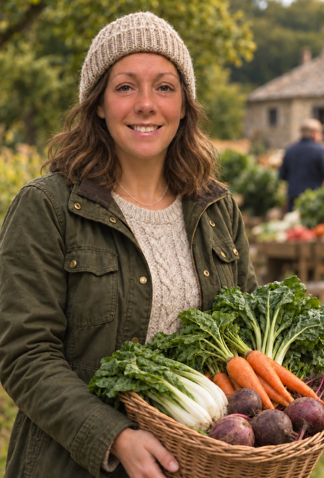 Illustrative portrait of Yvonne wearing a woolly hat and holding a basket of fresh vegetables at an independent market.